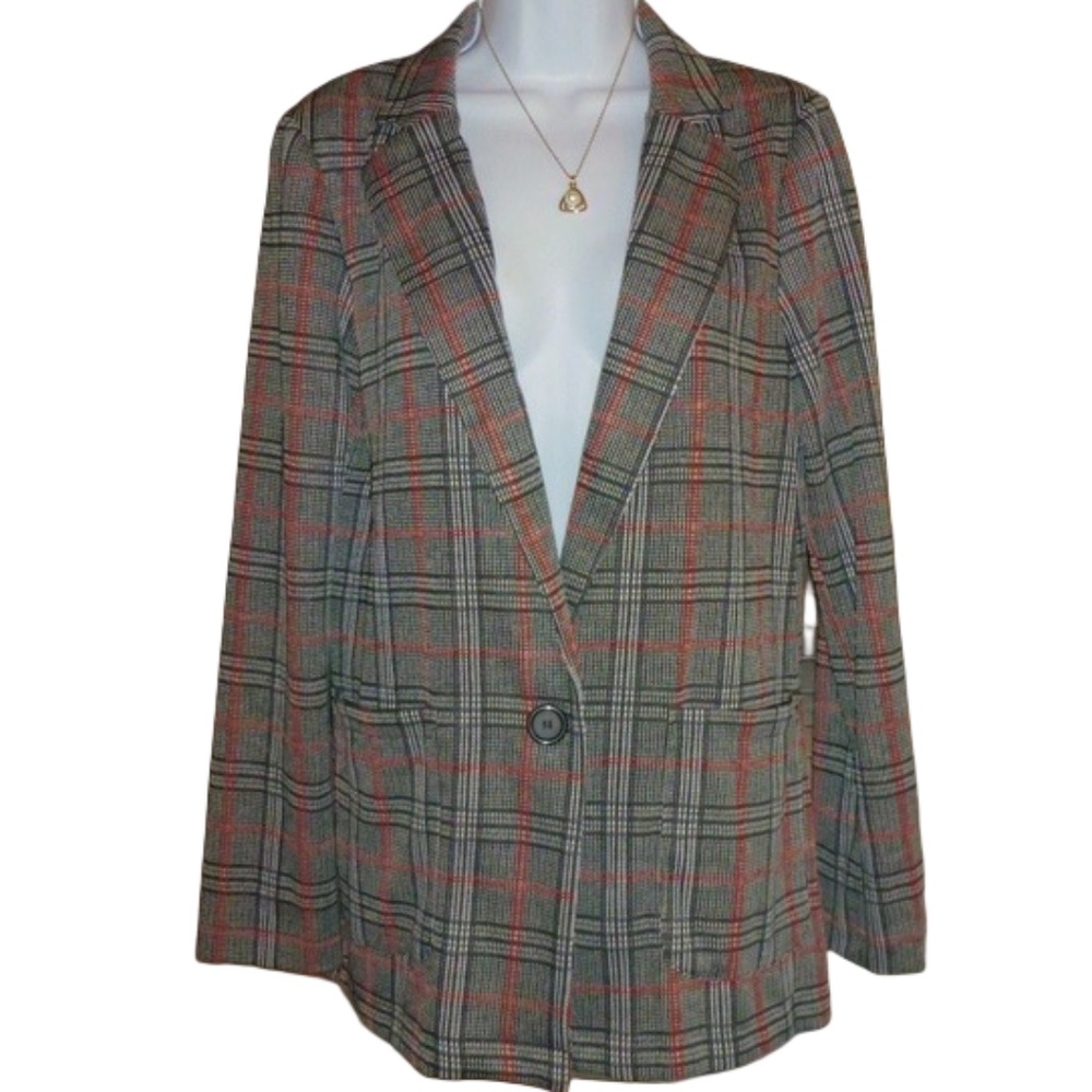 JOE B Plaid Blazer Jacket Size Large NWT Red Black Gray Classic Chic